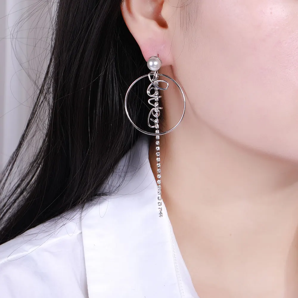 HanCheng новые модные круглые Висячие Серебряные длинные серьги со стразами