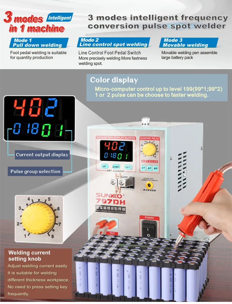 SUNKKO 797DH 18650 Аккумуляторная машина для точечной сварки 3.8KW высокое Мощность машины
