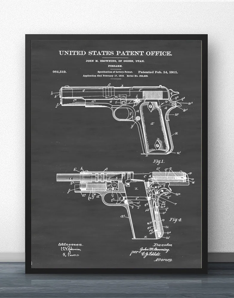Colt 1911 патент на пожарную руку Настенная картина Настенный декор холст маслом без