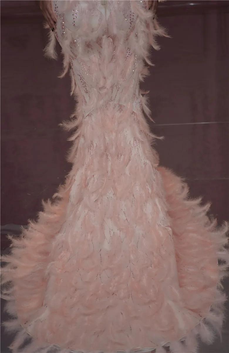 Роскошное длинное платье-Русалка с розовыми перьями и стразами Женский певец