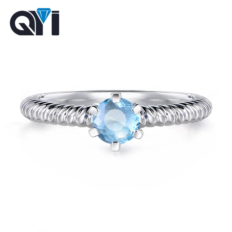 

QYI Simple Fashion 925 Sterling Silver Gemstone Rings for Women Round Cut Natural Topaz Ring Solitaire Engagement Jewelry