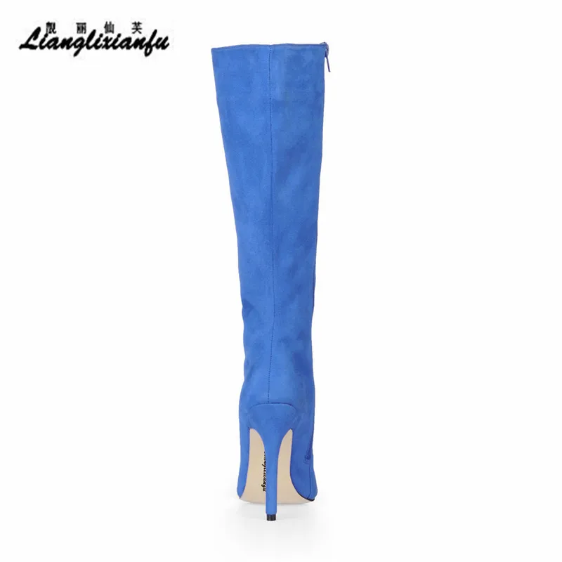 

LLXF Stilettos sexy Pointed Toe shoes woman Knee-High Boots 12cm Thin Heels botas mujer Motorcycle Blue Flock pumps Plus:42 43