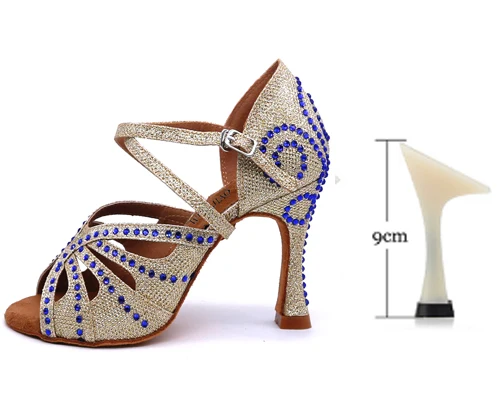 Gold heel 9CM WUXIJIAO Женская Латинская танцевальная обувь атласные стразы вечерние танцевальная обувь Сальса Танцевальная обувь Каблук 9 см Золотой/Серебряный цвет мягкая подошва - Цвет: Gold heel 9CM
