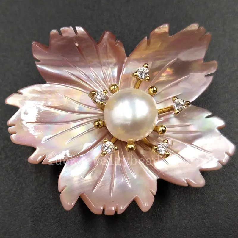 Free Shipping Women Fashion Jewelry 32x38mm Pink Mother of pearl Shell Flower Bead Brooches C5458 | Украшения и аксессуары