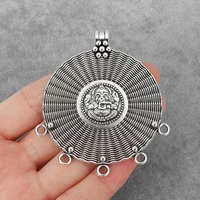 1pcs large round tribal ethnic carved ganesha elephant buddha charms pendants connectors for necklace making