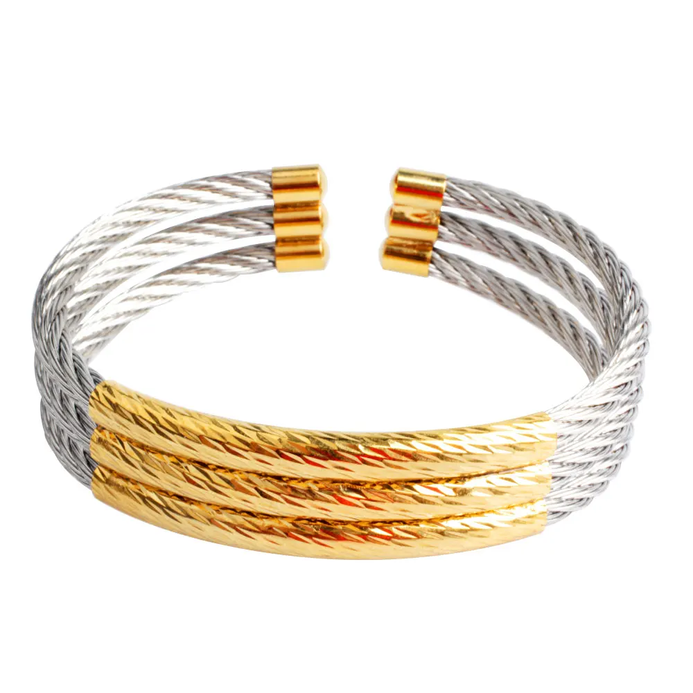 Silver Gold Новинка FINE4U B042 многослойный Браслет-манжета браслеты для мужчин и женщин 316L Нержавеющая Сталь Витой Открытый браслет браслеты - Окраска металла: Silver Gold
