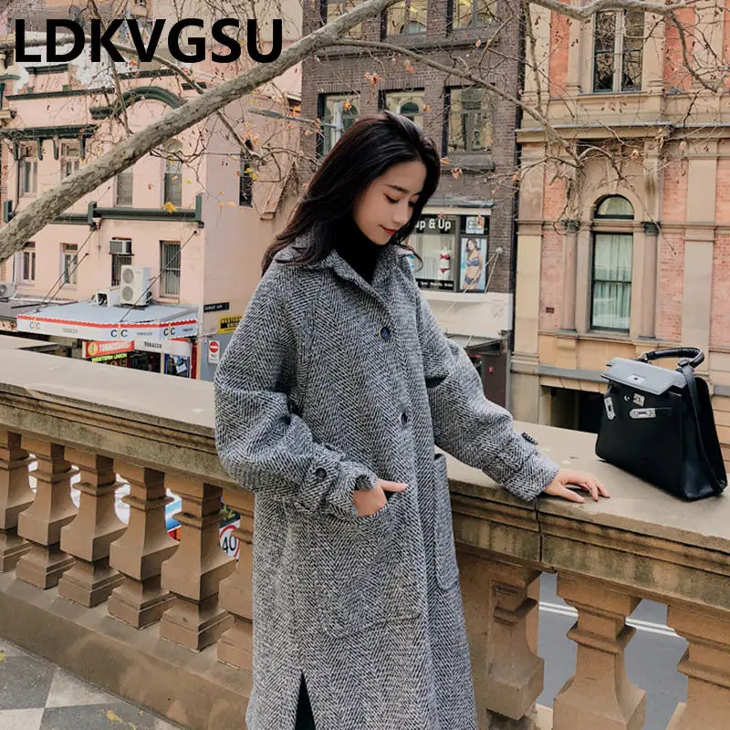 Женское длинное шерстяное пальто Осеннее/зимнее двубортное в клеточку большого