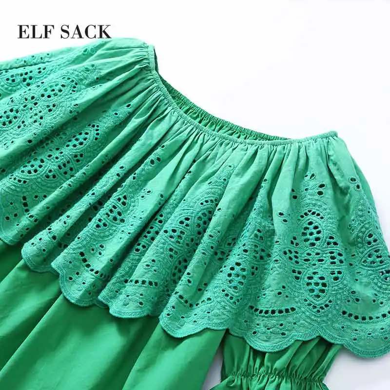 ELFSACK stylish Summer Women Cotton Short Casual Lace Chiffon Blouses Slash Neck Lantern Sleeve Female Solid Top Blouse|Блузки| |