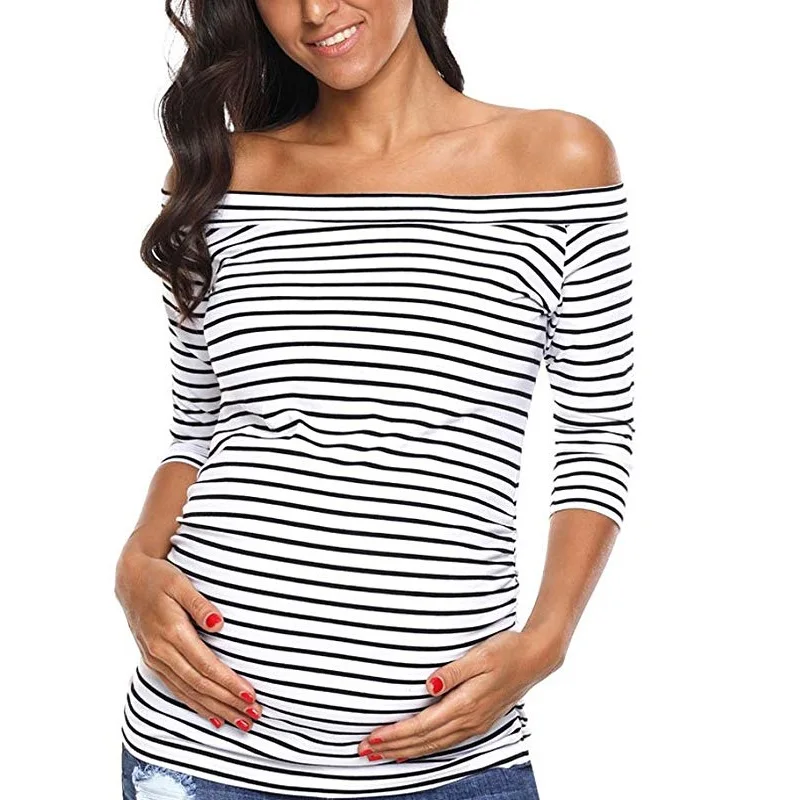 Womens Pregnancy Off Shoulder 3 Quarter Blouse Striped Top Maternity Clothes Slash Neck Pregnancy Womens Clothing ropa mujer