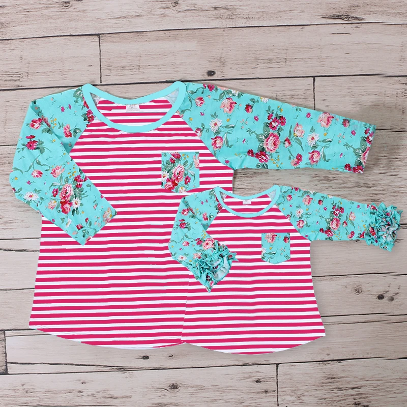 2017 Облегающая рубашка Raglans Цветочная с оборками для мамы и меня детей взрослых