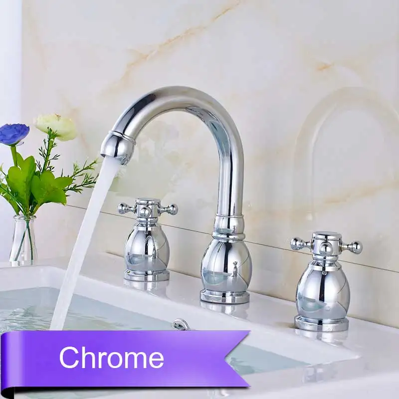 Chrome Широко распространенный кран для бассейнов для ванной с двойной ручкой смеситель для раковины кран на бортике 3 отверстия горячий холодный кран - Цвет: Chrome