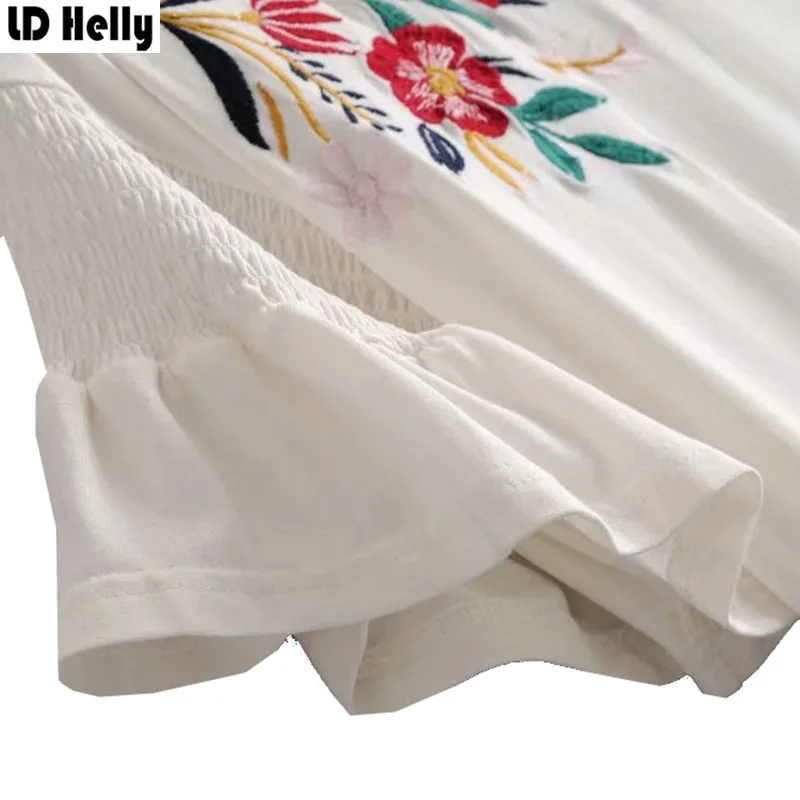 LD Helly 2018 Для женщин цветочной вышивкой белая футболка Лето Бабочка рукавом