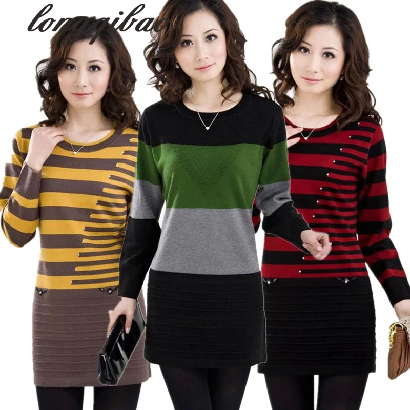 Middle-aged Autumn And Winter Loose Plus Size Mother Dress Sweater Women Long Bottoming Knitwear Dresses | Женская одежда