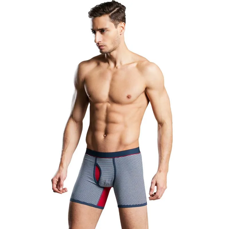 2018 New Brand Men Long Boxer Male Underwear Striped Cotton Open Pouch Shorts Sexy Leg Boxers With Sizes M-XXXL | Мужская одежда