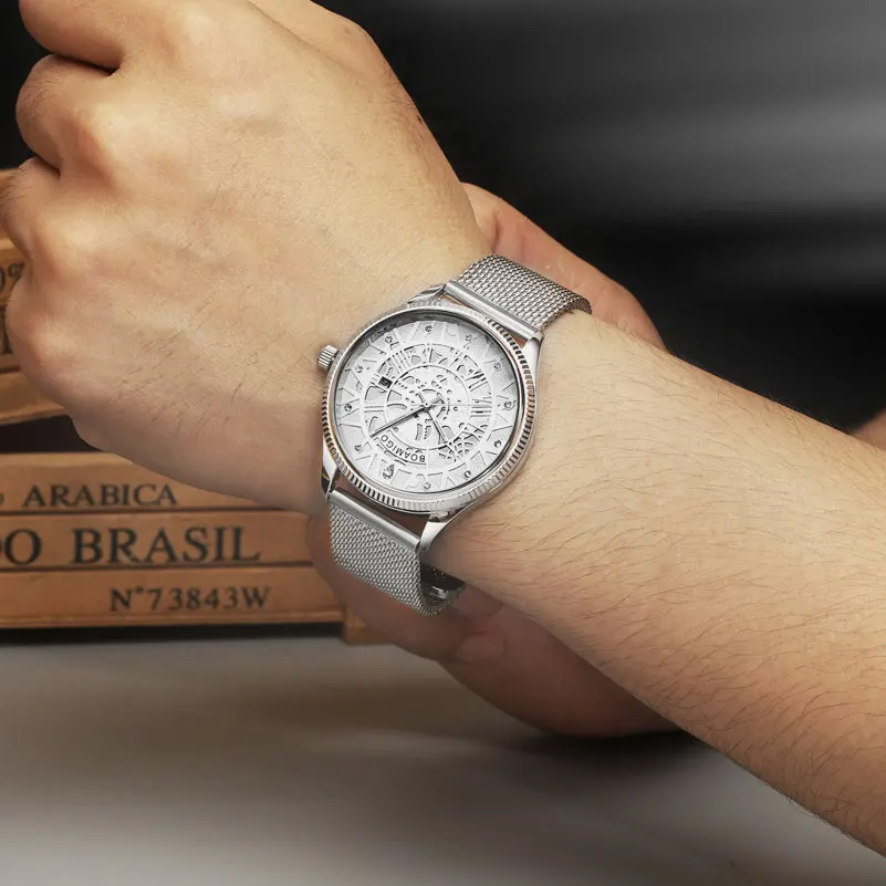 Мужские часы BOAMIGO Брендовые мужские кварцевые модные серебристые наручные с