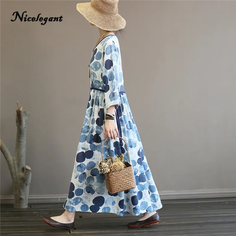 Nicelegant v-образным вырезом Vestido Женщины Осень Новый Tie-dye точки с длинным рукавом