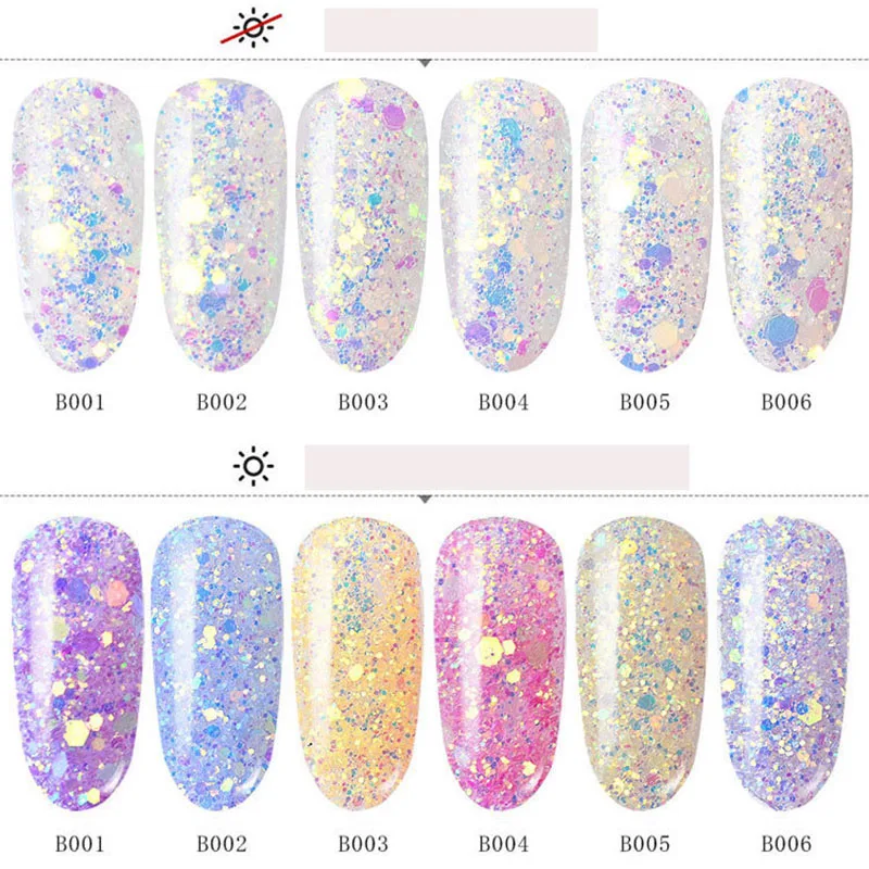 6 Box Sun Light UV Sensitive Changing Color Mixed Size Flakes Glitter Powder Manicure 3D nail design holographic glitter | Красота и