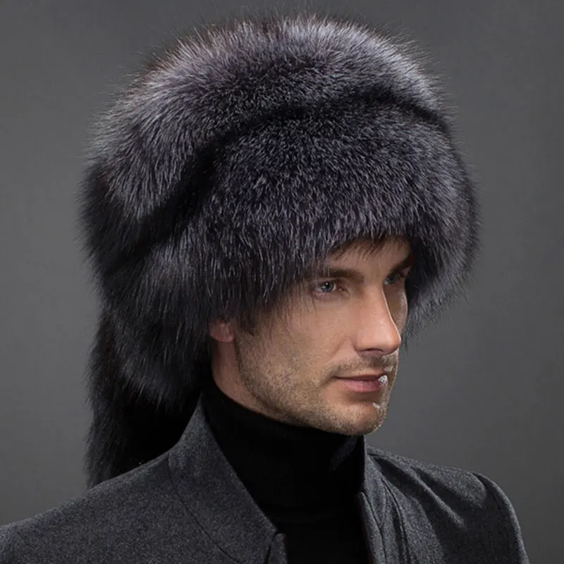 Russian real natural silver fox fur cap man with lady fox tail male winter soft hat