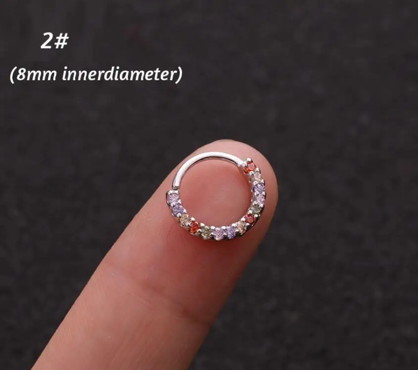 No 2 1P 0,8x6/8 мм красочные Cz из нержавеющей стали, Huggie Hoop серьги ювелирные изделия Cz нос кольцо ложная ноздрей, кольца с цветочными мотивами, покрытый светлым спирали серьга в Козелок - Окраска металла: No 2
