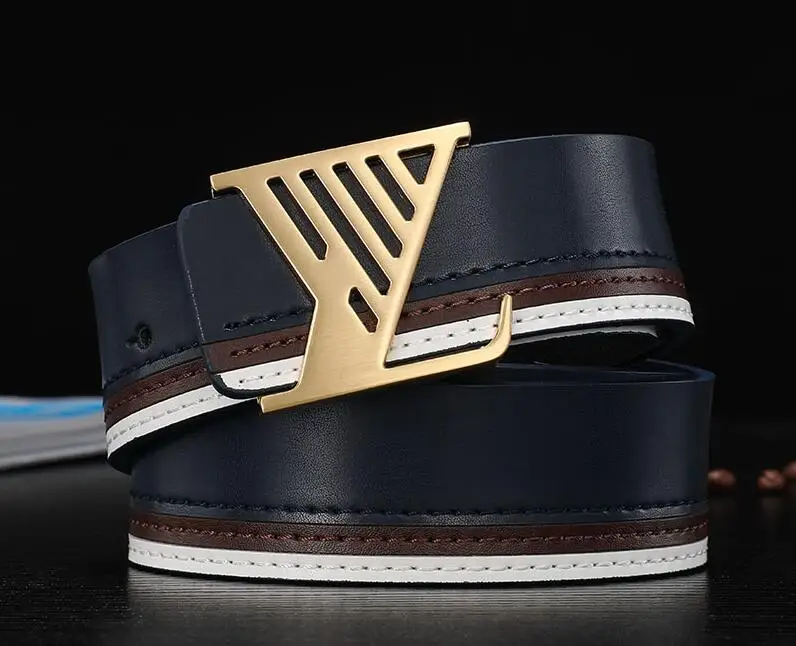 Gold buckle blue Новейшая мода классический Лидер продаж V Пряжка гладкая Пряжка Стиль настоящая воловья кожа мужской женский кожаный ремень для отдыха - Цвет: Gold buckle blue