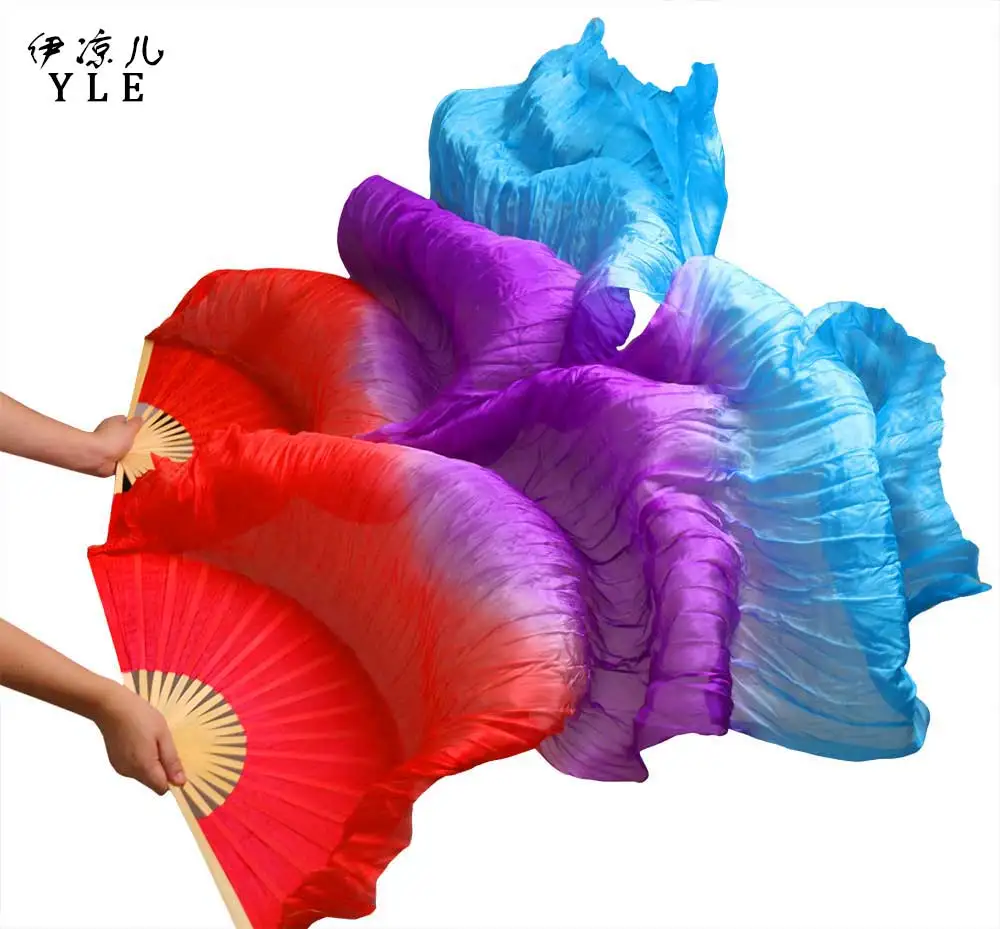 

100% Silk Bamboo Ribs Dance Long Fans Handmade Dyed Belly Dance Fans Red+Purple+Turquoise 180*90 cm 1 Pair Left hand+Right hand