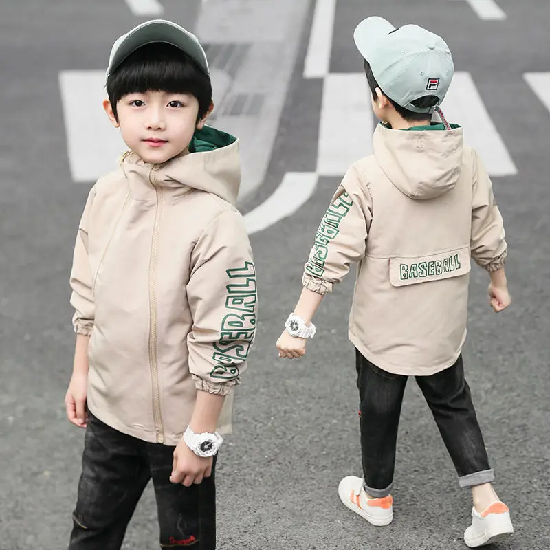 Куртка с капюшоном для мальчиков на молнии надписью|Тренч| |