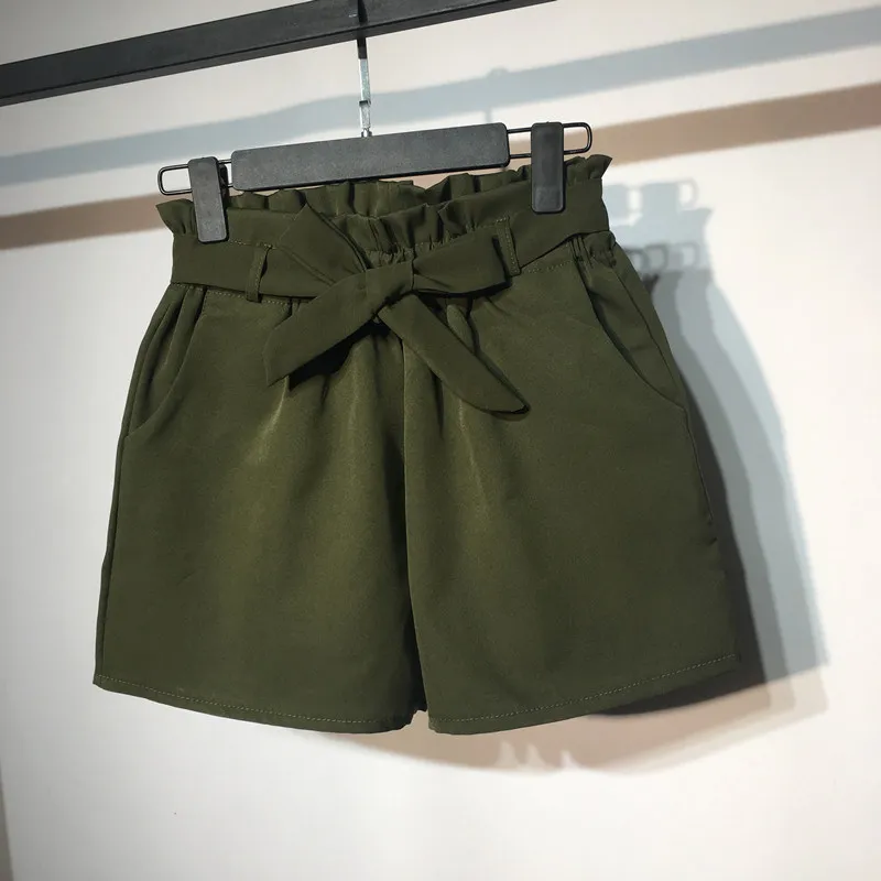 dark green Летние эластичные Шорты с высокой талией Для женщин на шнуровке Короткие Femme брюки Для женщин элегантные дамы бурлящие штаны пляж широкие шорты C4266 - Цвет: dark green