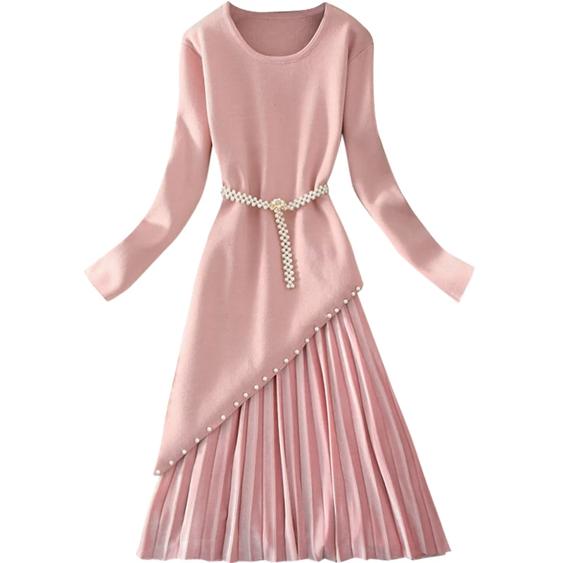 ALPHALMODA косой стильный длинный свитер + плиссированная бархатная юбка женский