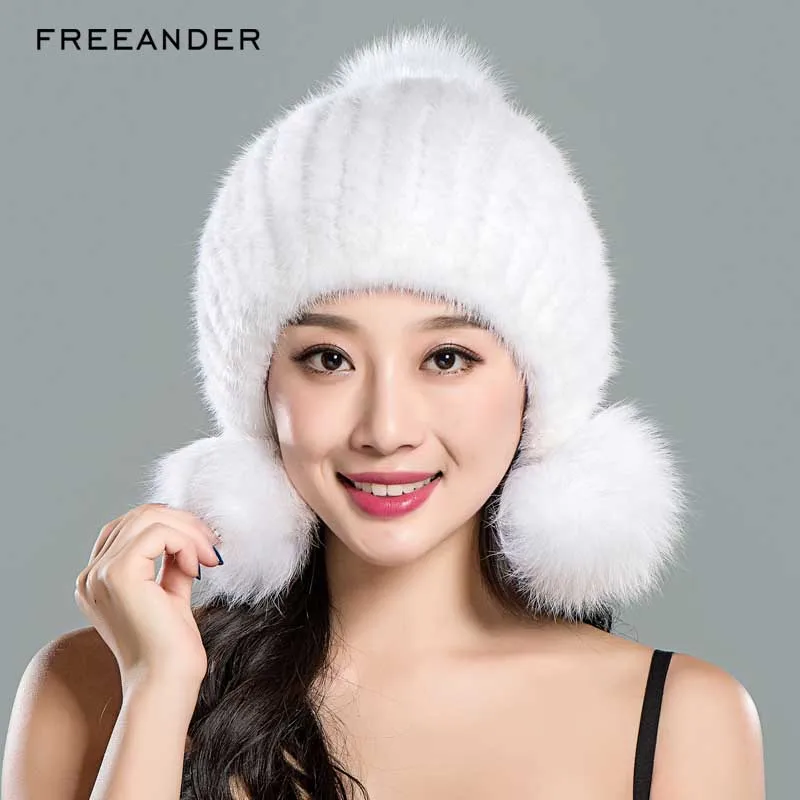 

Freeander New Mink Fur Ball Hat For Women Winter Black White Warm Ear Protector Cap Real Fashion Knitted Pom Poms Female Beanie