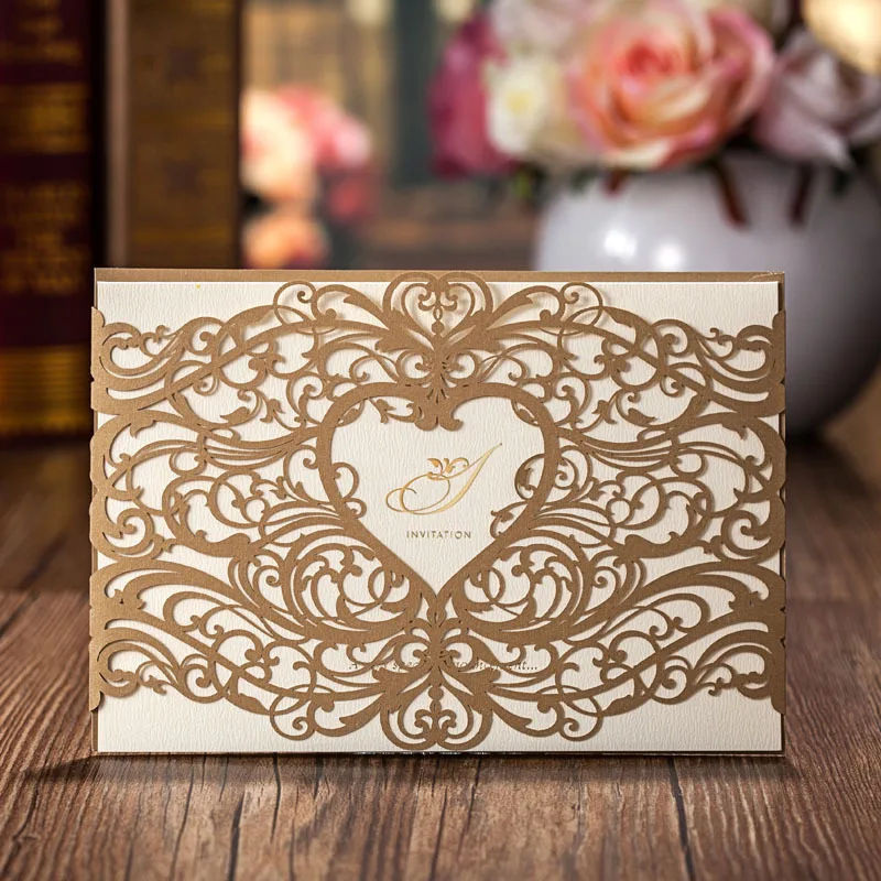 

50PCS Laser Cut Wedding Invitations Cards with Gold Red Hollow Heart Design Cardstock for Bridal Shower Birthday Graduation