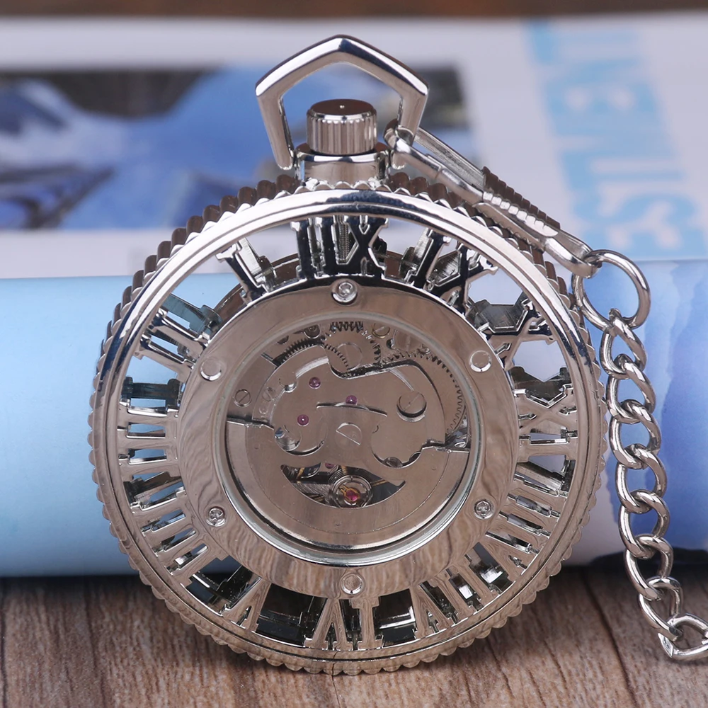 Luxury Silver Hollow Direct Display Roman Style Automatic Mechanical Pocket Watch for Men and Gentlemen Best Accessory Clock