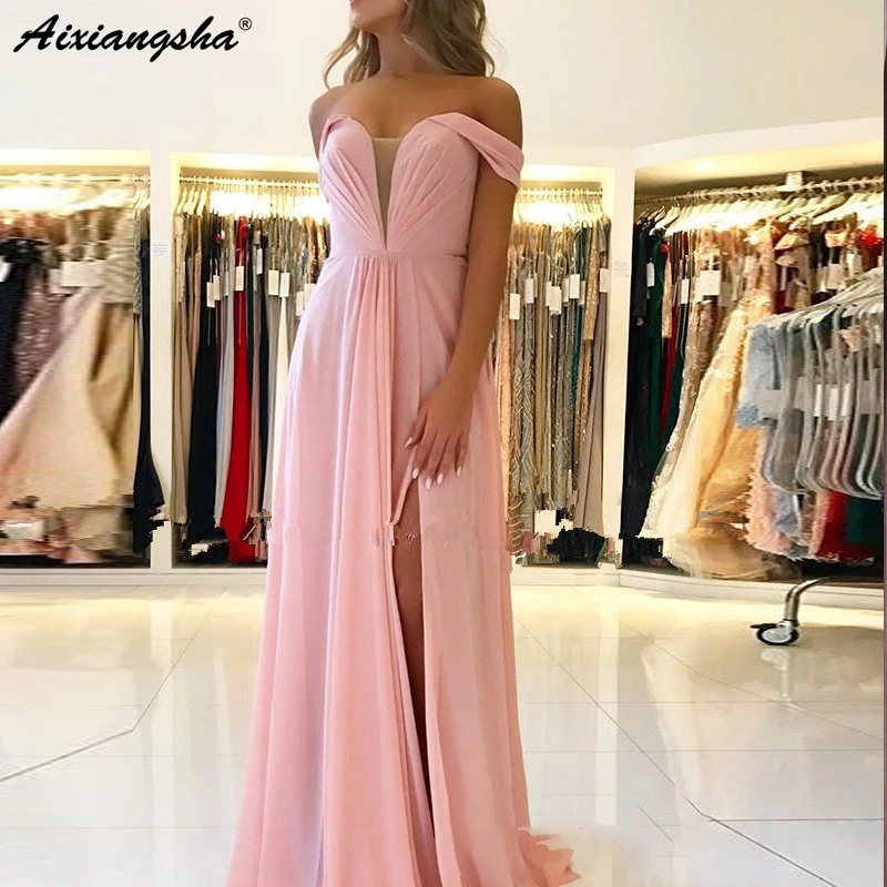 

Sexy Elegant Prom Dresses Pink Off the Shoulder Deep V-neck Lace up High Slit Formal Evening Gown Special robe de soiree