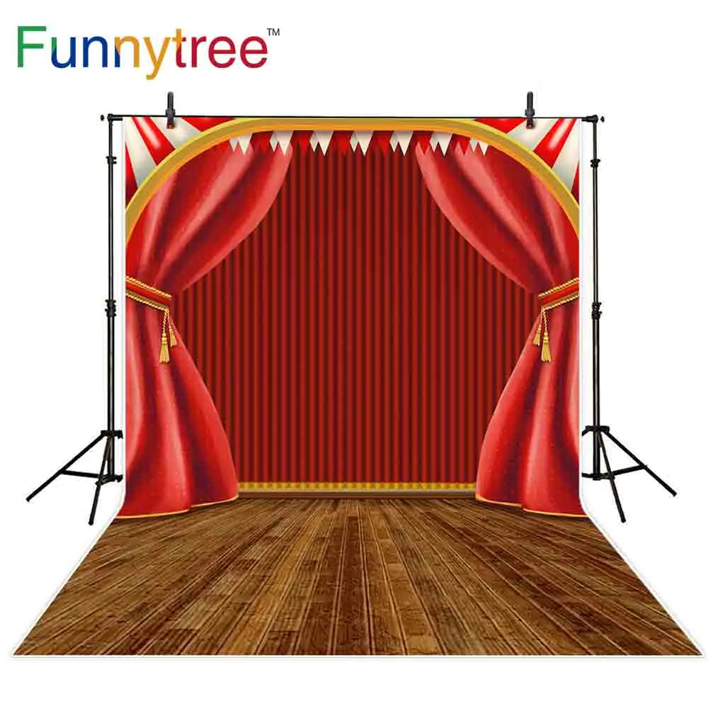 Фоны funnytree для фотостудии цирк сцена красный занавес деревянный пол фон