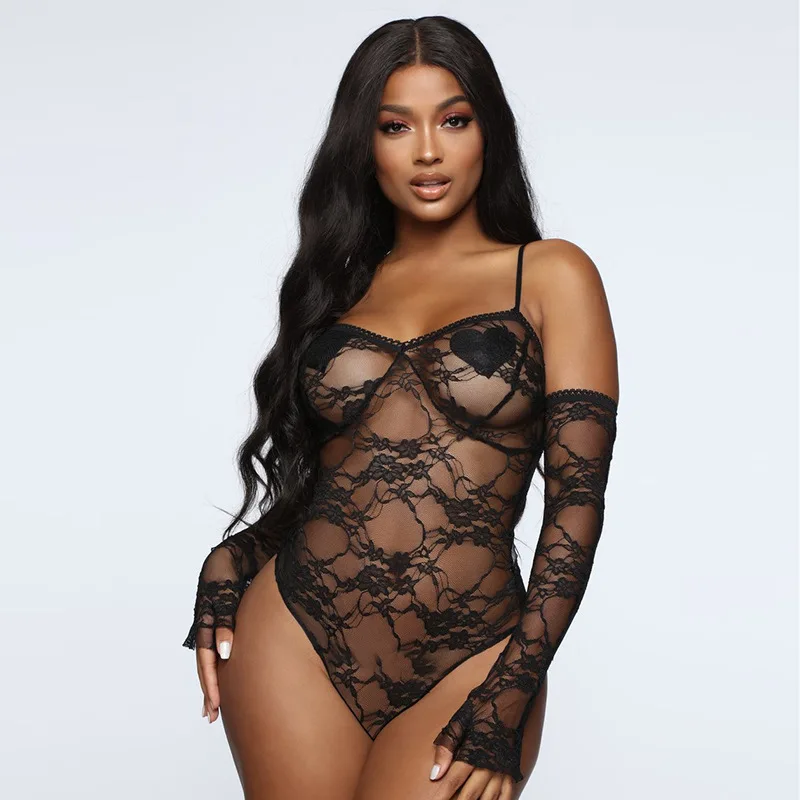 

New Fashion Mesh Lace Bodysuits 2019 Sexy Body Women Spaghetti Straps Transparent Sleeveless Bodysuit Bralette Black Romper Top