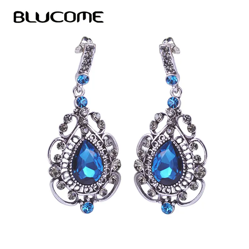 

Blucome Vintage Royal Long Blue Earrings Drop Pendientes Max Brincos Bijuterias Turkish Jewelry Bijoux For Bridal Wedding Woman