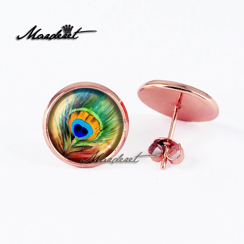 MARDERET Peacock Feather Glass Dome Stud Earrings Vintage Cabochon Back Earring Fashion Jewelry For Women | Украшения и