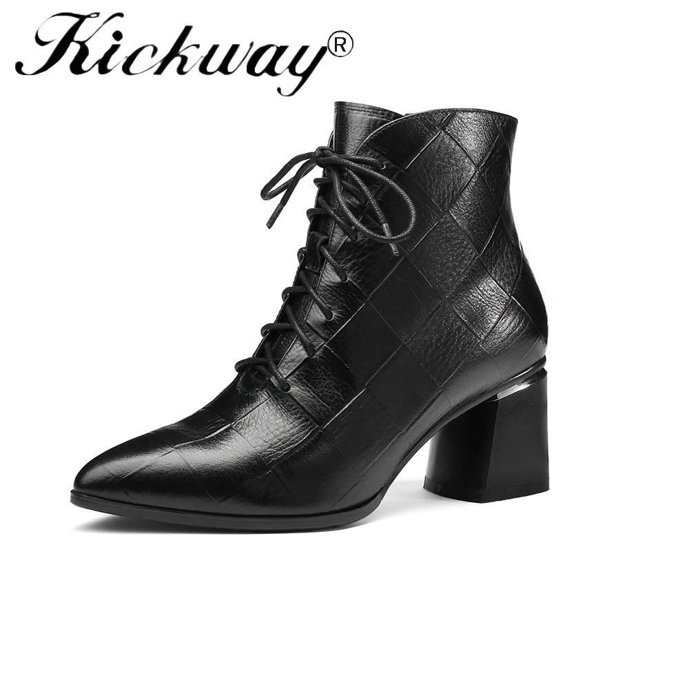 Kickway/; удобные женские сапоги; ботильоны на высоком квадратном каблуке; женская обувь из натуральной кожи на шнуровке с острым носком; размеры 34-42