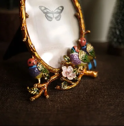 6 дюймовая металлическая резная Цветная птица овальная фоторамка настольное