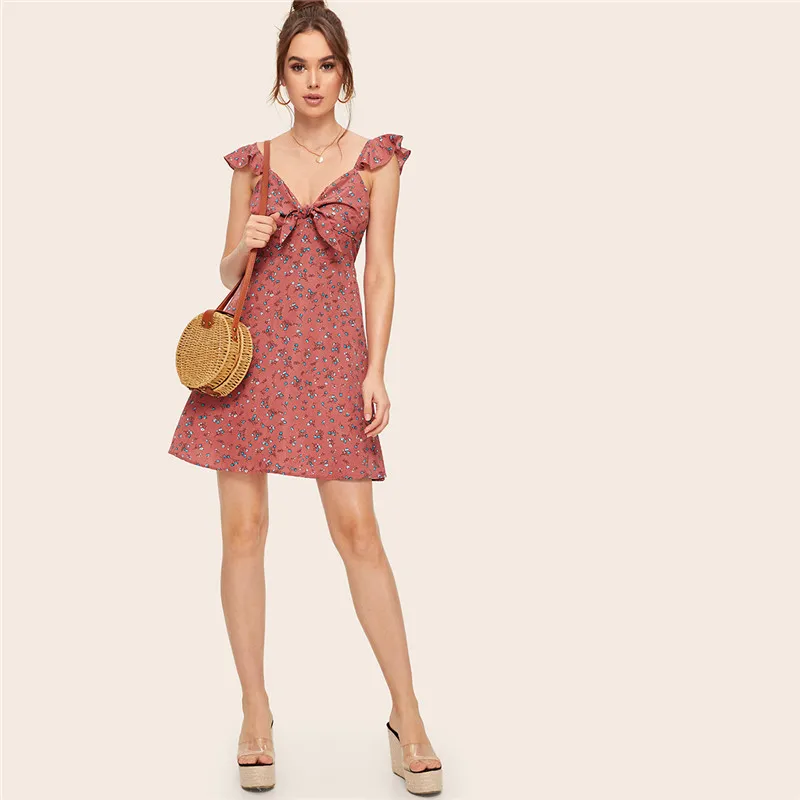 SHEIN розовое летнее платье в богемном стиле с цветочным узлом и оборкой на шее, женское Милое сексуальное платье без рукавов с v-образным вырезом и высокой талией