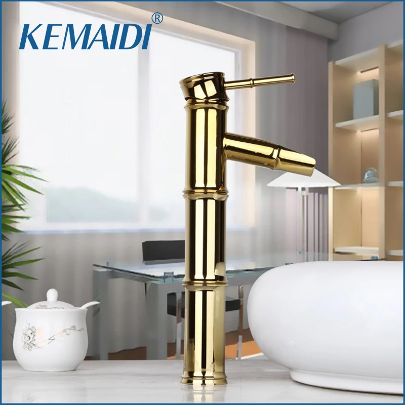 

KEMAIDI Bathroom Faucet Tall Bamboo Waterfall Spout Golden Polished Deck Mounted Style Bathroom Mixer Tap Basin Sink Faucets