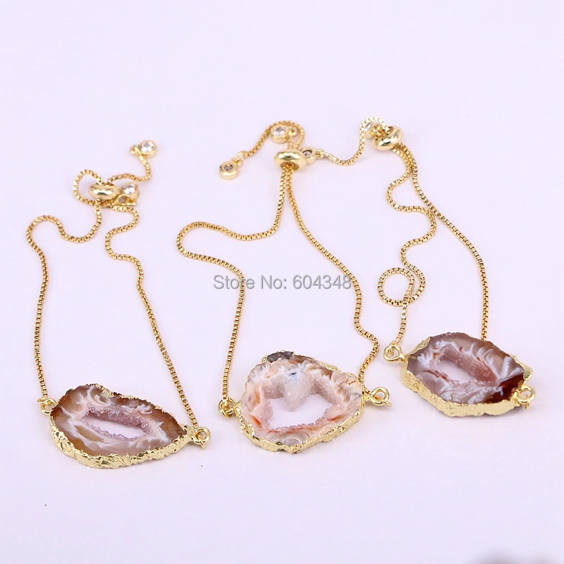 

5PCS ZYZ180-0007 Nature geode quartz connector bracelets, drusy stone with metal box chain bracelet adjustable