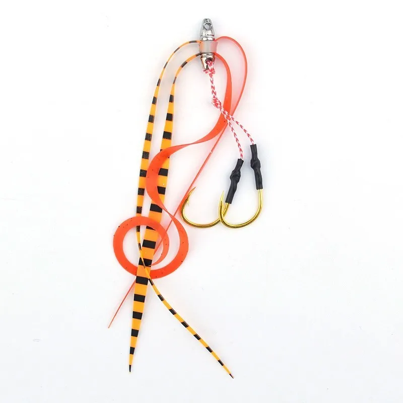 Orange Stripe Резиновые юбки Assist рыболовные крючки 1 шт. полосатый хвост из высокоуглеродистой стали золотой двойной колючей крючок рыболовные крючки - Цвет: Orange Stripe