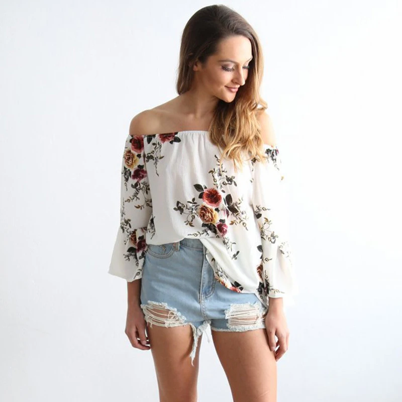

Sexy Women Off Shoulder Blouse Floral Flare Long Sleeve Shirt Casual Blouse Loose Top