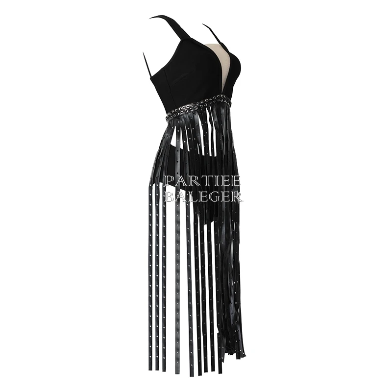 2018 New Arrival Chic PU Tassels Embellished Lace Up Design Sexy Sleeveless V Neck Celebrity Party Bandage Maxi Long Dress | Женская