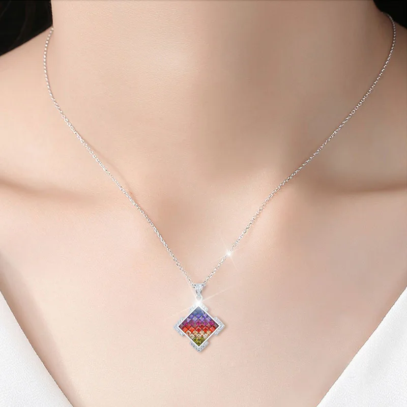 

2019 New Exotic Rainbow 925 Sterling Silver Necklace Fashion Exquisite Hollow Bling Square Full Crystal Pendant Necklace Jewelry