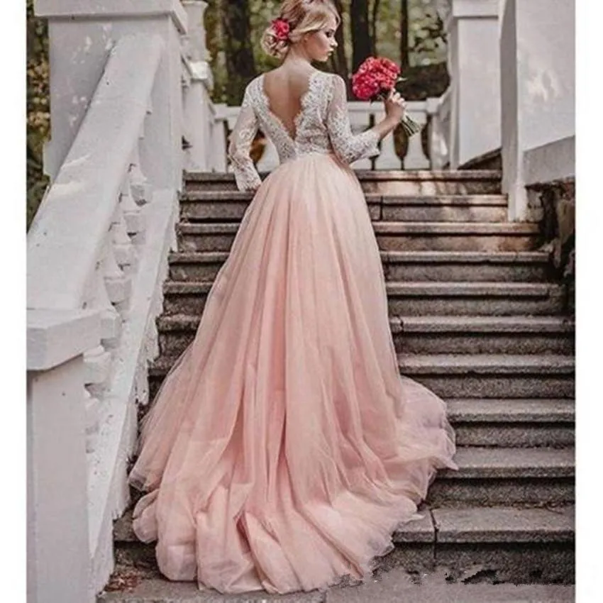 

Long Sleeves A Line Blush pink bridal dress Lace Open Back Sexy Beautiful garden country Wedding Dress Wedding Gown