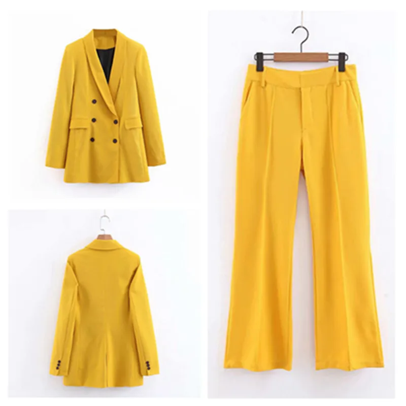 

Women's suit 2 piece set (jacket + pants) women's yellow double-breasted jacket with trousers for ladies business casual suits