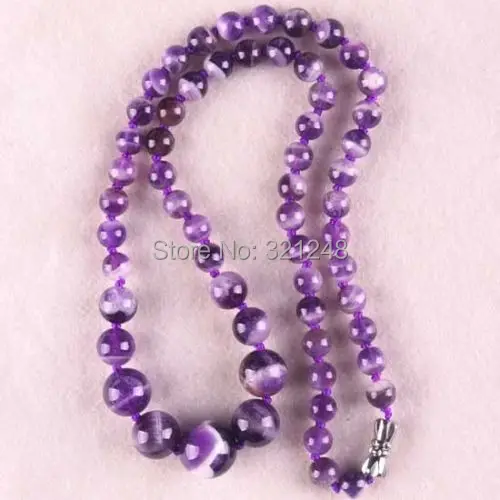 

New fashion charming free shipping 6-12MM Natural stone purple jades chalcedony Crystal Round Beads Necklace 18" BV86