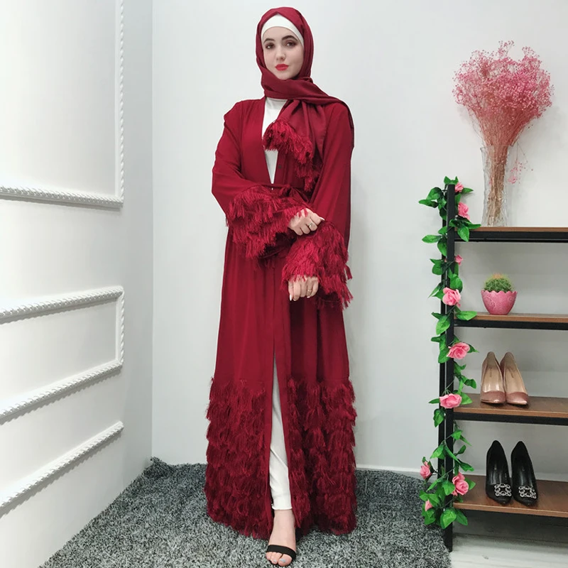 Модная элегантная открытая абайя для женщин, длинный пушистый кружевной кардиган, халат, Дубай, мусульманский кафтан, платье Рамадан, Арабс...