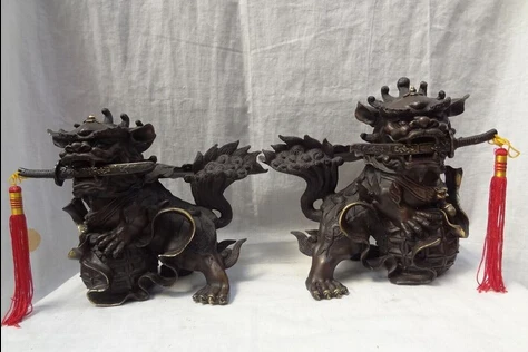 A Pair 10" China Pure Bronze Dragon Foo Fu Dog Lion Ball PiXiu BiXie Sword Statue